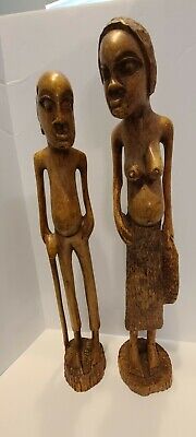 Vtg Wood African Tribal Art Statue Figurine Man & Woman Hand Carved Large