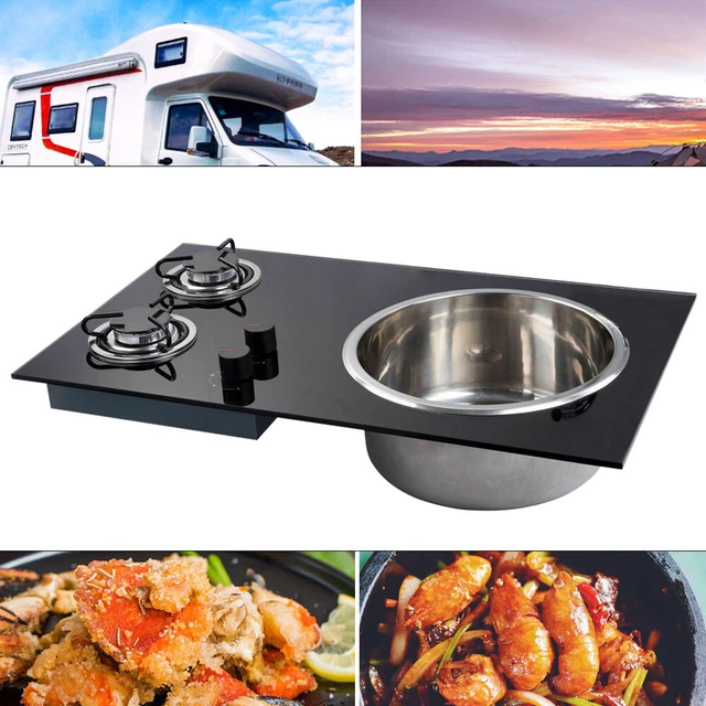 CAMPER GAS STOVE Boat Caravan RV LPG Hob Sink Combo Tempered Glass w/ 2