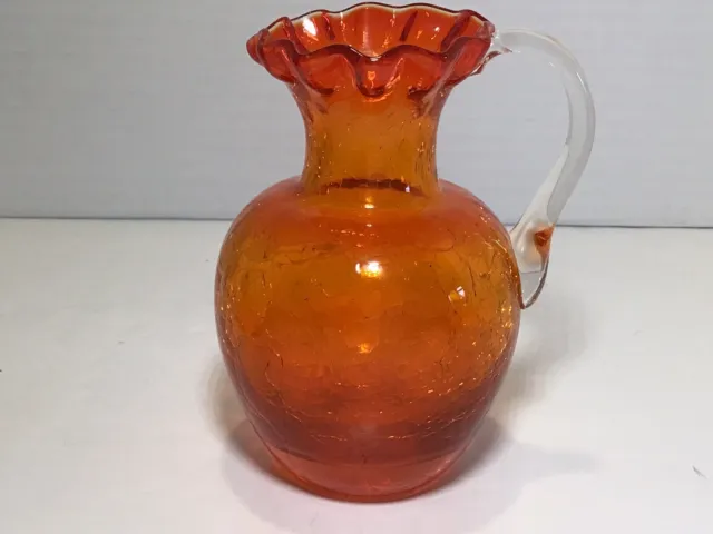 Vintage Mini Crackled Amberina Hand Blown Glass Pitcher With Ruffled Lip