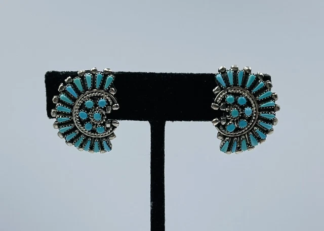Pendentif Croix Zuni En Argent 925 Et Turquoise Sleeping Beauty - Signé C. IULE, Vintage Années 80
