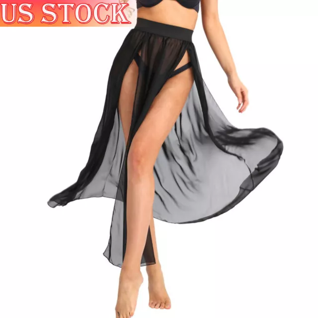 US Women's Sheer Sexy Long Side Slit Skirt Flowy Maxi Beach Wrap Skirts Cover Up