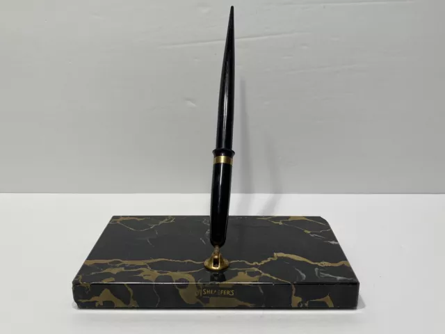 Sheaffer's Fountain Pen Desk Set Black/Brown Marble Base Stand Nib 14K