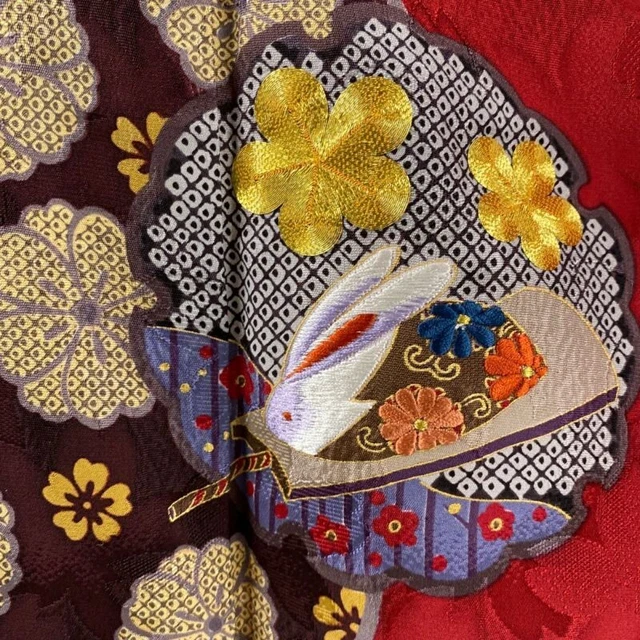 Woman Japanese Kimono Furisode Silk Koma Rabbit Embroidery Gold Thread Red 6