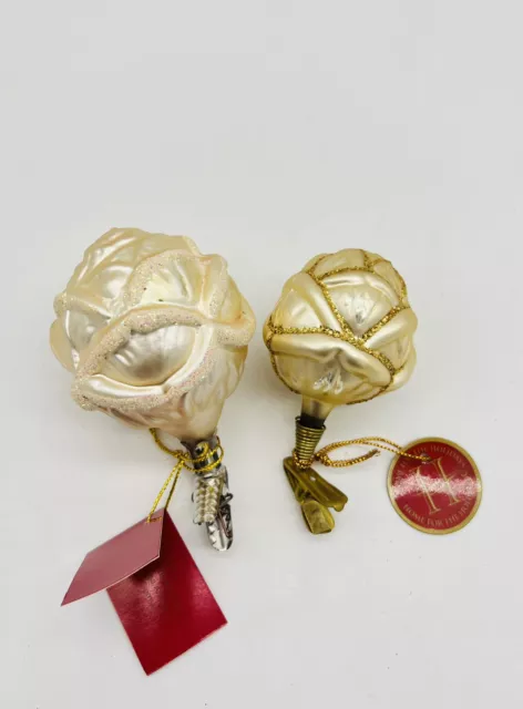 Vintage Gold Rose Clip On Christmas Tree Ornaments Glitter Glass Lot 2