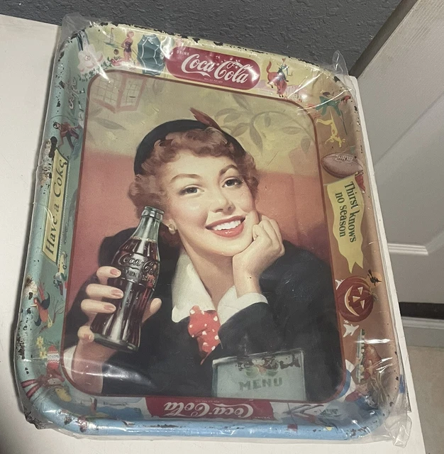 Vintage 1950's COCA COLA Metal Tray MENU GIRL Thirst Knows No Season HAVE A COKE