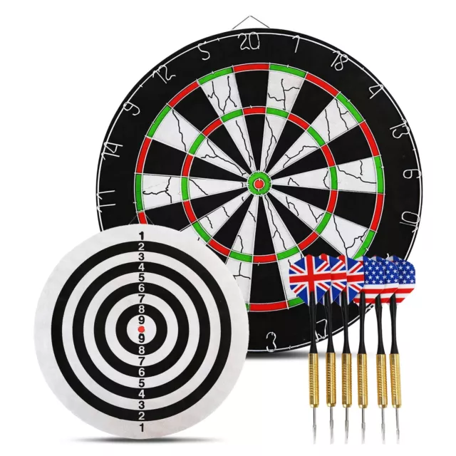 Profi Dartscheibe 6 Dartpfeile Steeldarts Set Dartboard Zweiseitig Wurfspiel DE