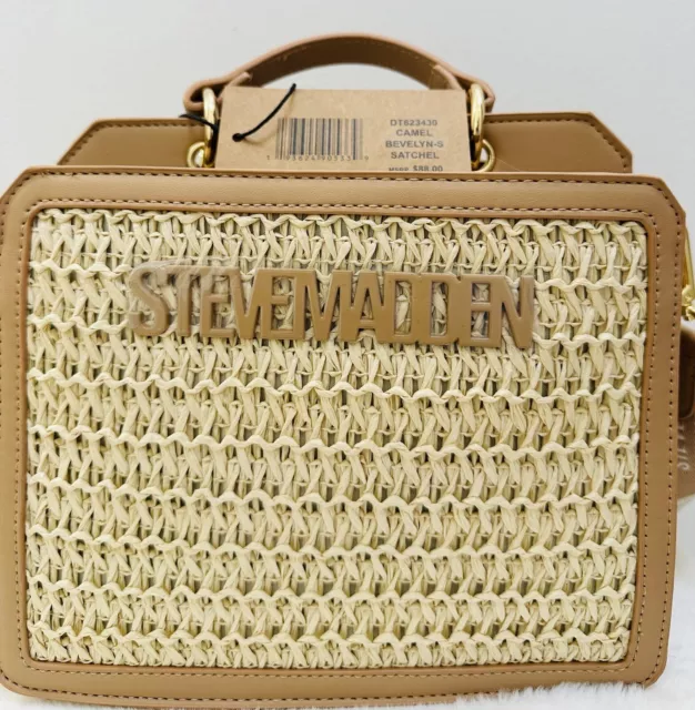 Steve Madden Bevelyn Straw Satchel Crossbody Bag W Air Pod Case Camel New