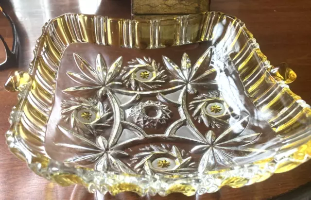 Mikasa Walther Crystal and Amber Yellow Bowl Dish With Knob Handles -  Vintage