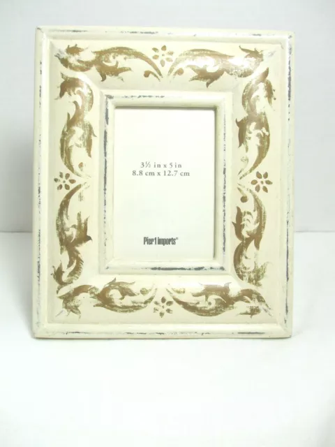 Pier 1 Picture Photo Frame Antique White Distressed Wood Gold Scroll 7.5" x 9"