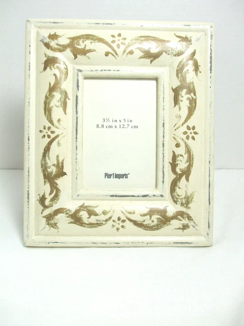 Pier 1 Picture Photo Frame Antique White Distressed Wood Gold Scroll 7.5" x 9"