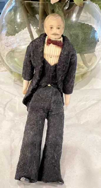 Antique cloth doll porcelain bisque man miniature suit for doll house 6" long