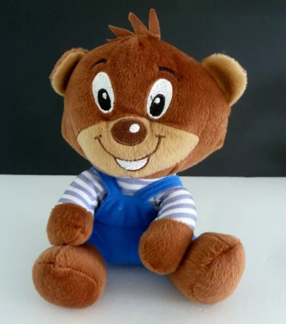 K. DOUDOU PELUCHE LU PUBLICITAIRE OURS marron salopette bleu 20cm assis TTBE