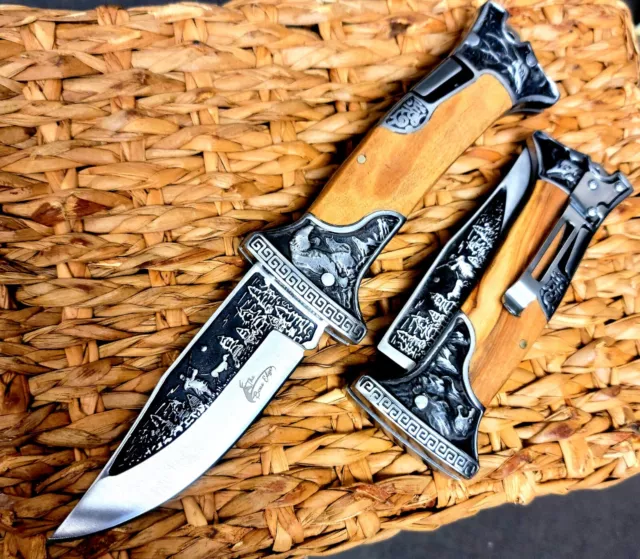 9" Wood Handle Huntin Engraved Blade Lockback Folding Pocket Knife 3CR13 Steel