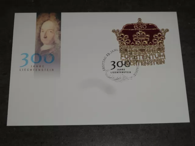 Ersttagsbrief (FDC) 300 JAHRE LIECHTENSTEIN mit Textil-Briefmarke "Fürstenhut"