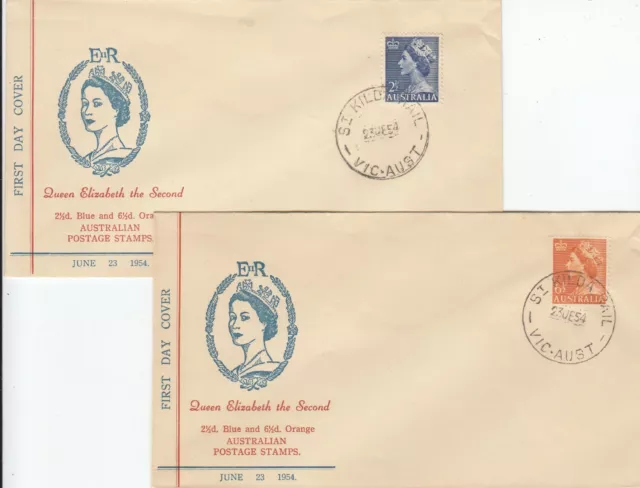 Stamps Australia 1954 QE2 2&1/2d & 6&1/2d on pair Haslem specific cachet FDCs