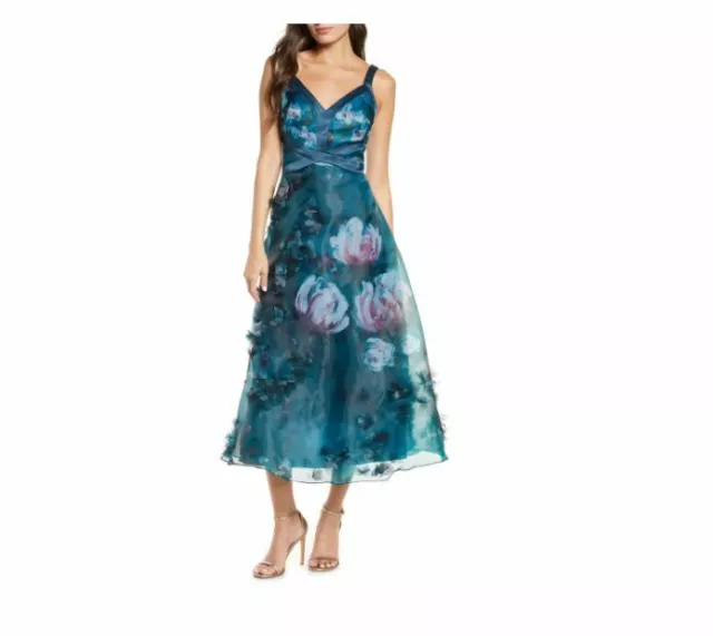 Marchesa Notte Sleeveless Printed Organza Midi Party Dress Floral Teal Sz 4 New