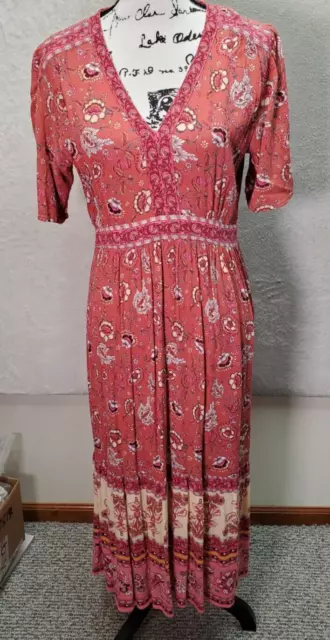 KNOX ROSE LONG Maxi Dress Women's M Pink Multi Boho Floral Rayon Ruched ...