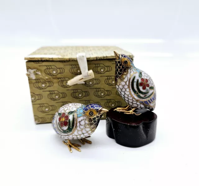 Chinese Cloisonne Small Quail Bird Figurines 2" Enamel Brass in Box Wood Base