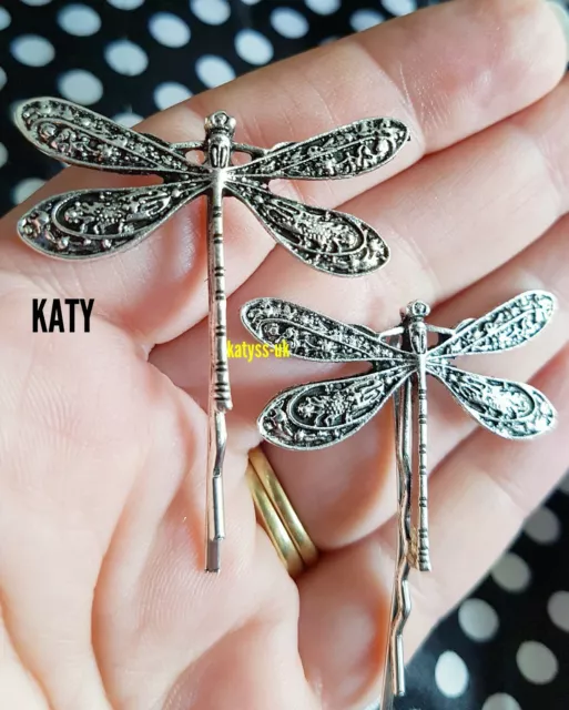 Silver Tone Pair Of Bobby Pin Dragonfly Hair Slide Grip Insect Clip 2 Gift