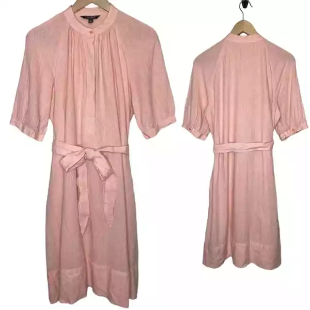 Lauren Ralph Lauren Linen Peach Pink Belted Midi Shirt Dress Lagenlook, size 14