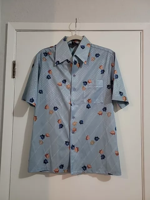 Vintage 70s Joel Cal-Made Polyester Disco Hippie Shirt Blue Leaves Men's Med M