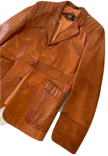 Vintage Men’s Cognac Brown Leather Coat Jacket Blazer Size 44, L / XL, Lined
