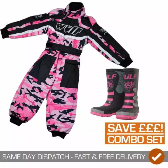 Wulfsport Kids Girls Cub Camo Motocross Quad Bike Suit & Stomper Boots - Pink