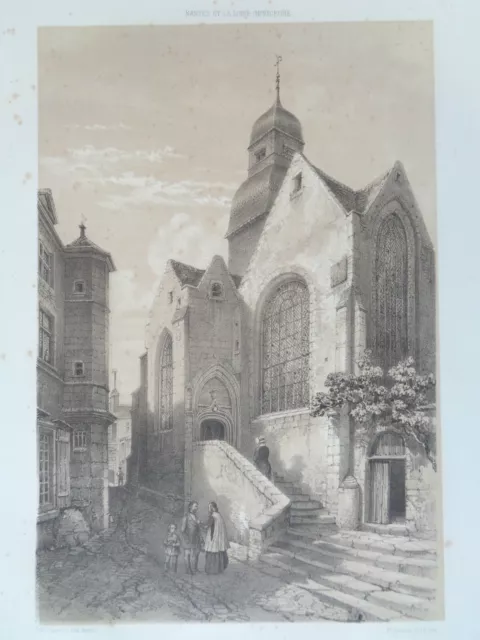 NANTES ancienne église Saint Nicolas Lithographie GRANDE GRAVURE ANCIENNE 1850