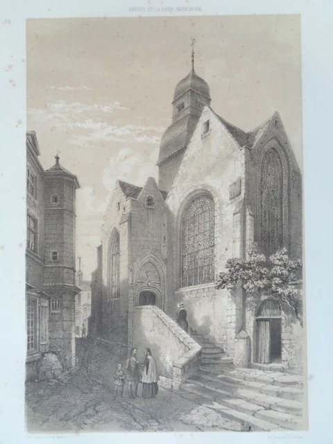 NANTES ancienne église Saint Nicolas Lithographie GRANDE GRAVURE ANCIENNE 1850