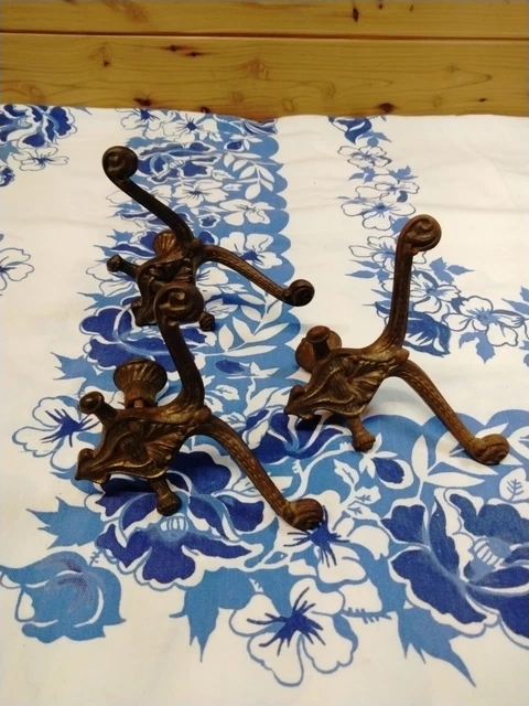 Antique Hall tree Hooks W/Backplate Ornate Cast iron Rack Coat Hat Lot of 3 2