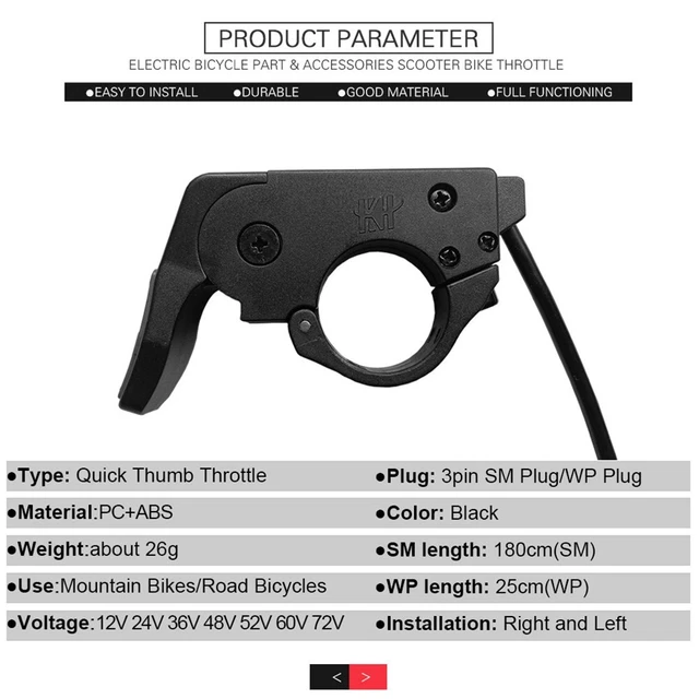 Accélérateur Au Pouce Pour Vélo/scooter électrique - Commande De Vitesse, 3 Fils, Câble 150 Cm - Compatible Main Gauche/droite