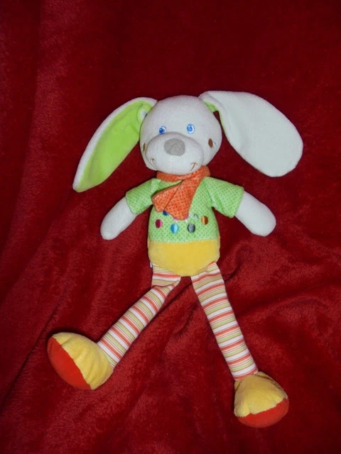 Doudou Peluche Chien  Blanc Vert Jaune Mots d'Enfants etat neuf