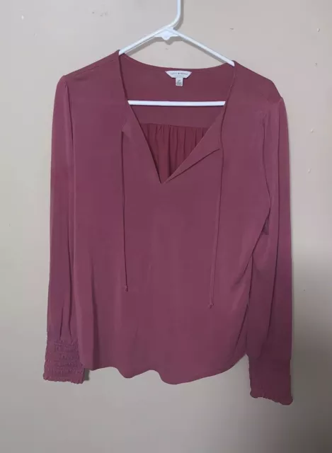 Lucky Brand Womens Blouse Top Size S Red Satin V Neck Long Sleeves Tie Front
