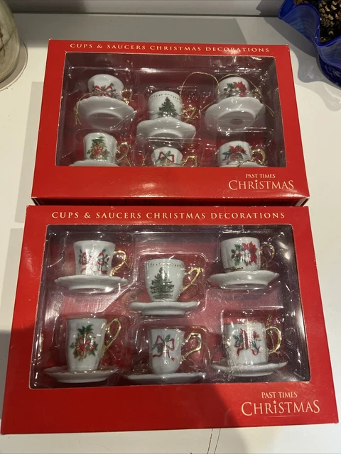 2 Boxes Past Times Tea Set Cup & Saucer Christmas Tree Decorations Boxed Unused