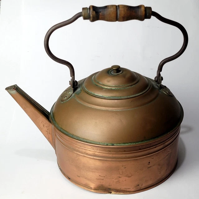 ANTIQUE LARGE COPPER KETTLE PRIMITIVE w/ LID, WOOD HANDLE RUSTIC FARMHOUSE