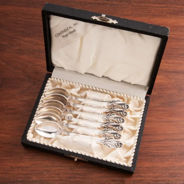 6 Cohr Danish Mid Century Modern Sterling Silver Demitasse Spoons Floral Boxed