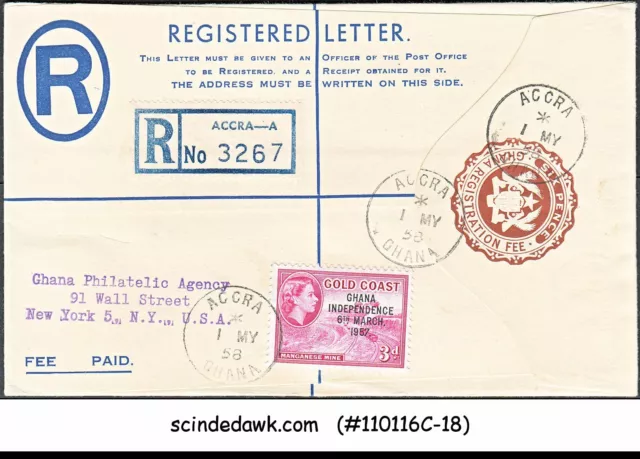 GHANA - 1958 6d REGISTERED ENVELOPE TO USA WITH STAMPS