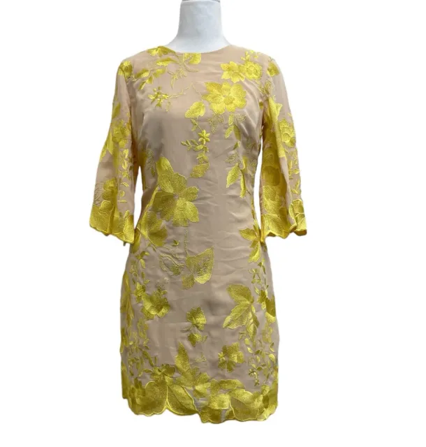 Dress the Population Paige Tan Metallic Yellow Embroidered Cocktail Mini Dress S