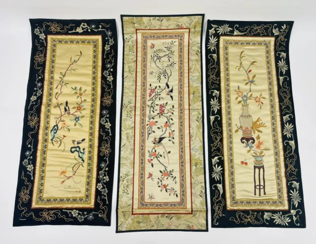 Lot Of 3 Vintage Hand Made Chinese Peking Embroidery Silk Panels (25”x10”)