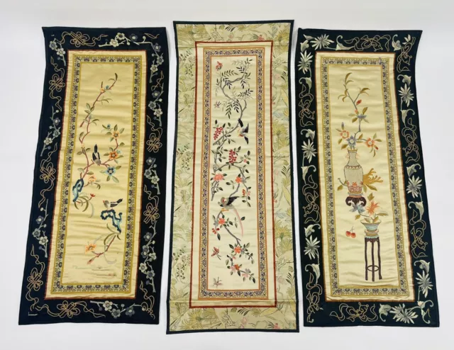 Lot Of 3 Vintage Hand Made Chinese Peking Embroidery Silk Panels (25”x10”)