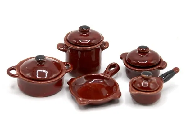 Brown Cookware 5pc Set Kitchen Accessory Dolls House Miniature 1:12th Scale (GB)