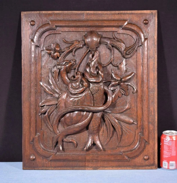 French Antique Deeply Carved Oak Wood Panel with & Fish Hunting Salvage