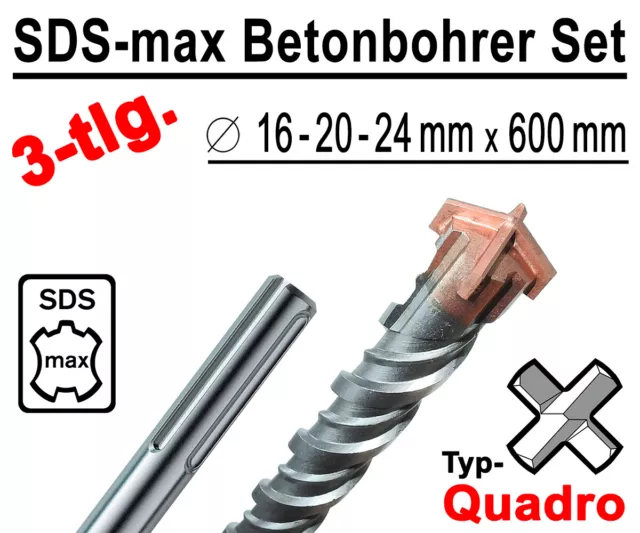 3 x SDS-MAX Quadro Bohrer Ø 16mm 20mm 24mm x 600mm Lang Hammerbohrer Betonbohrer