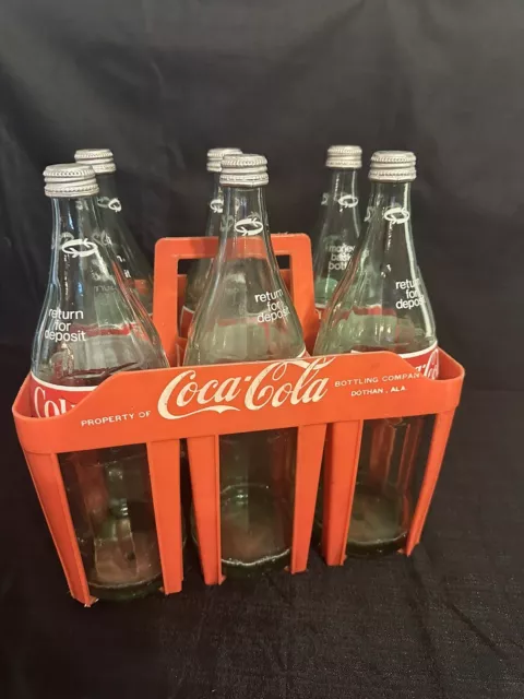 Vintage Coca Cola 1 Liter Green Glass Bottles & Plastic Carrier 70s