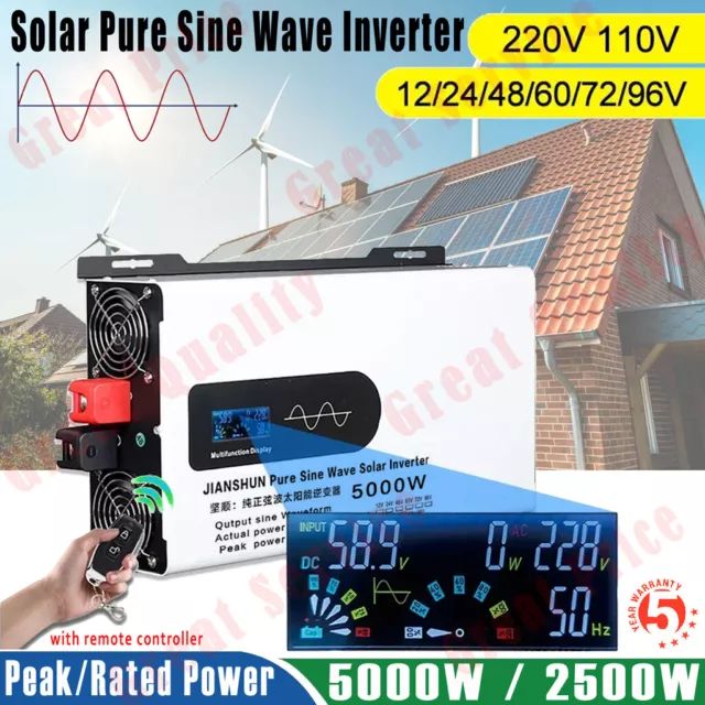 5000W Car Power Inverter DC To AC 110V/220V Pure Sine Wave Solar LCD Converter