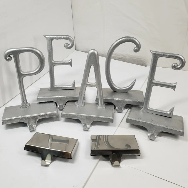 Christmas Stocking Holder Set Peace Whimsical Font Silver Tone 2 Extra Hangers