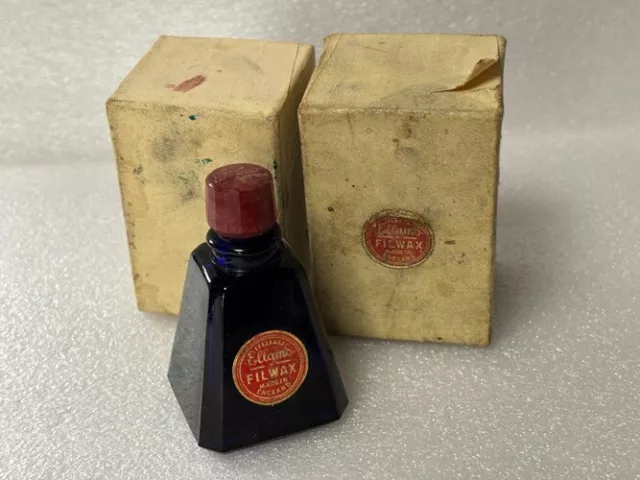 56180 Old Antique Vintage Glass Bottle Ink Well Inkwell Original Label Filwax Bo