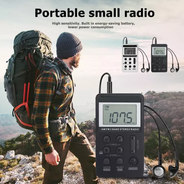 fr Dual Band AM/FM Pocket Radio Portable Digital Display Radio with HiFi Earphon