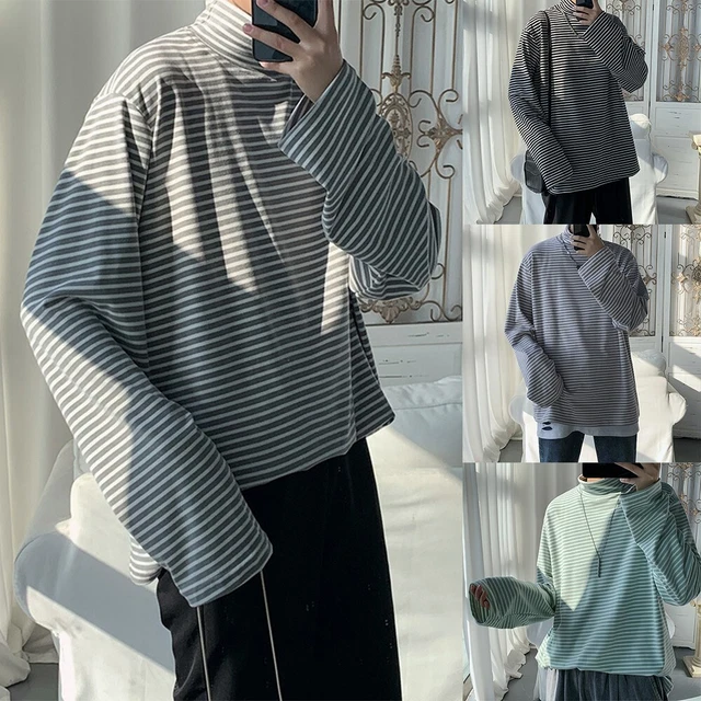 Top Camicia da Uomo Base a Righe T-Shirt Dolcevita Camicetta Al Sedere