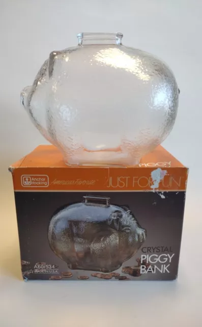 CLEAR TEXTURED GLASS PIGGY BANK. Vintage Made In USA - Anchor Hocking - W / Box